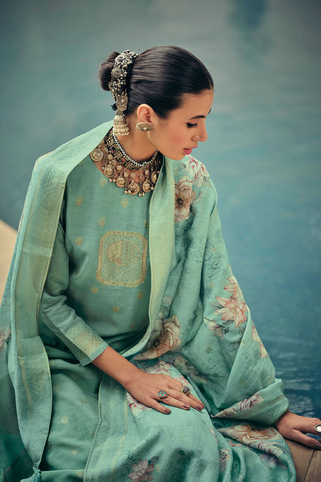 Sea Green Woven Cotton Blend Straight Cut Suit (ACA7656)