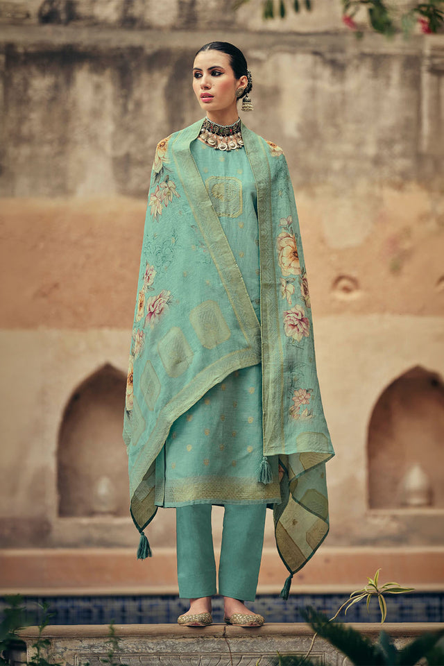 Sea Green Woven Cotton Blend Straight Cut Suit (ACA7656)