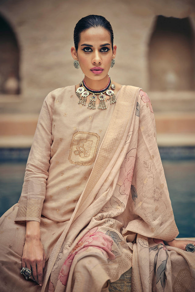 Cream Woven Cotton Blend Straight Cut Suit (ACA7658)