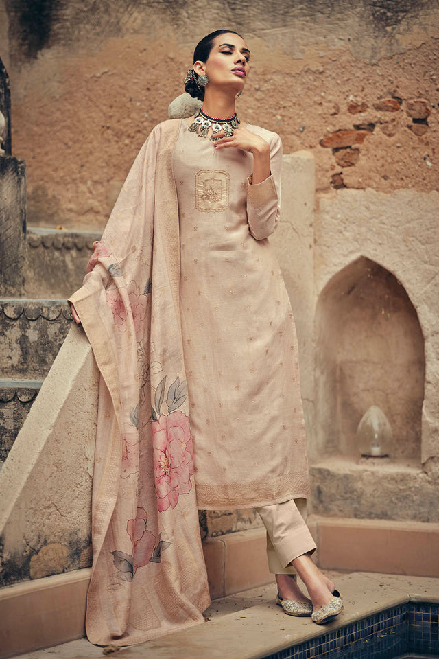 Cream Woven Cotton Blend Straight Cut Suit (ACA7658)