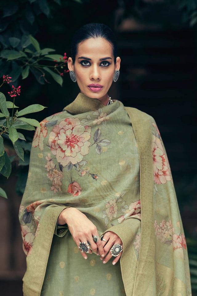 Green Woven Cotton Blend Straight Cut Suit (ACA7660)