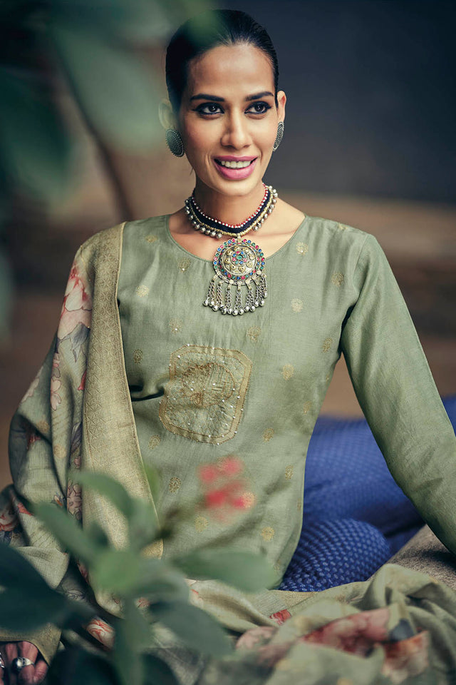 Green Woven Cotton Blend Straight Cut Suit (ACA7660)