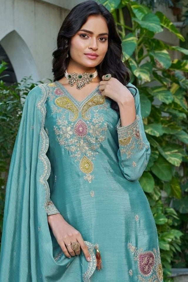 Free Size Stitched Blue Embroidered Chinon Palazzo Suit (ACA7669)