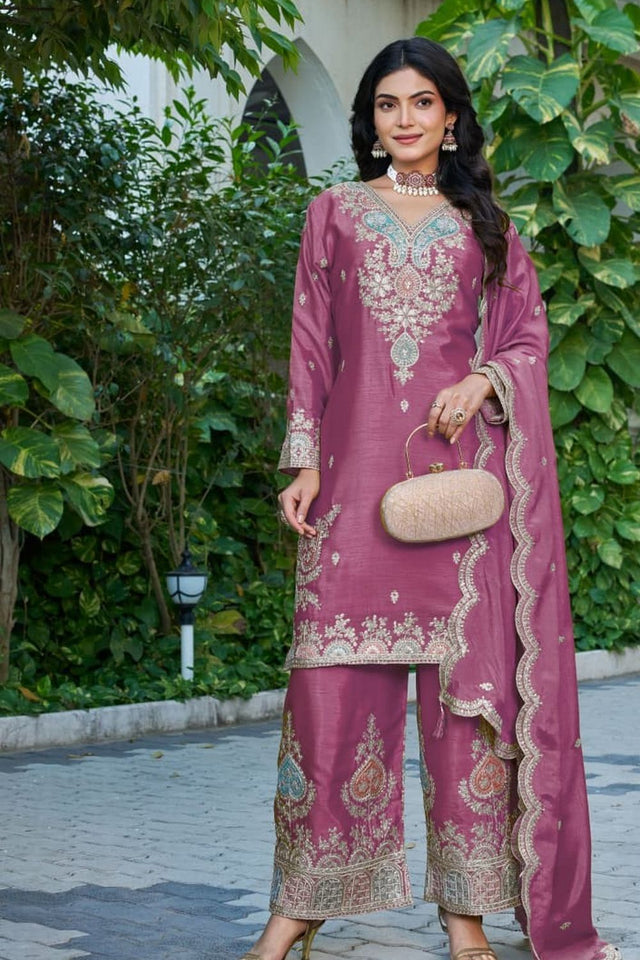 Free Size Stitched Pink Embroidered Chinon Palazzo Suit (ACA7672)