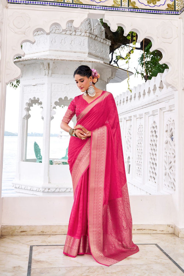 Pink Woven Chinon Saree (ACA7678)