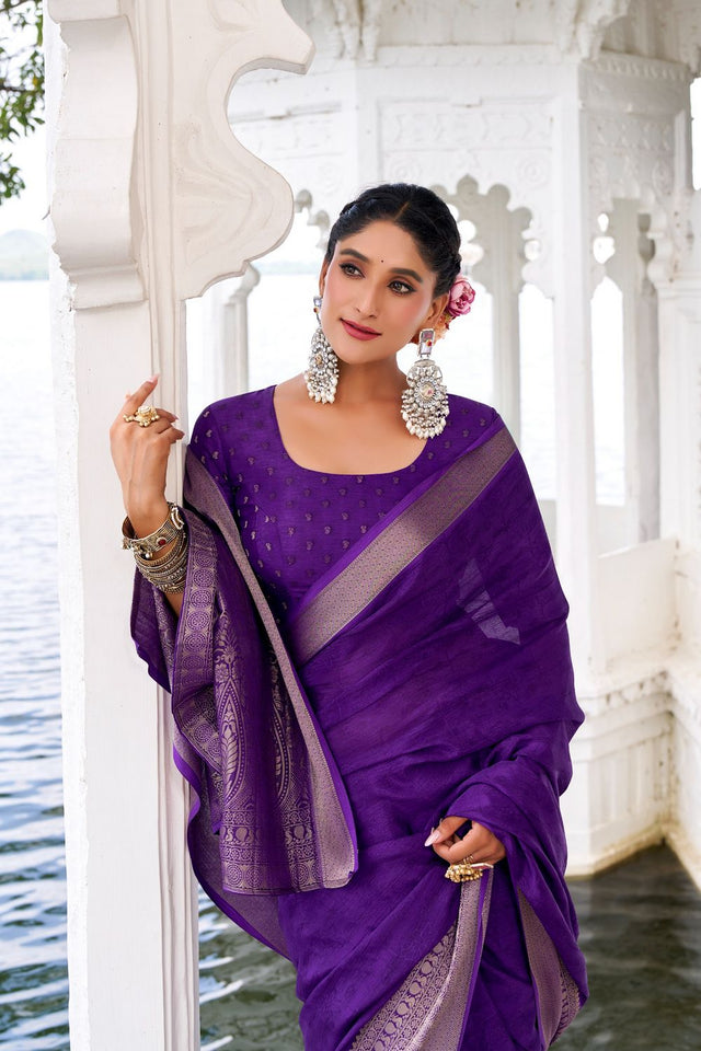Purple Woven Chinon Saree (ACA7679)
