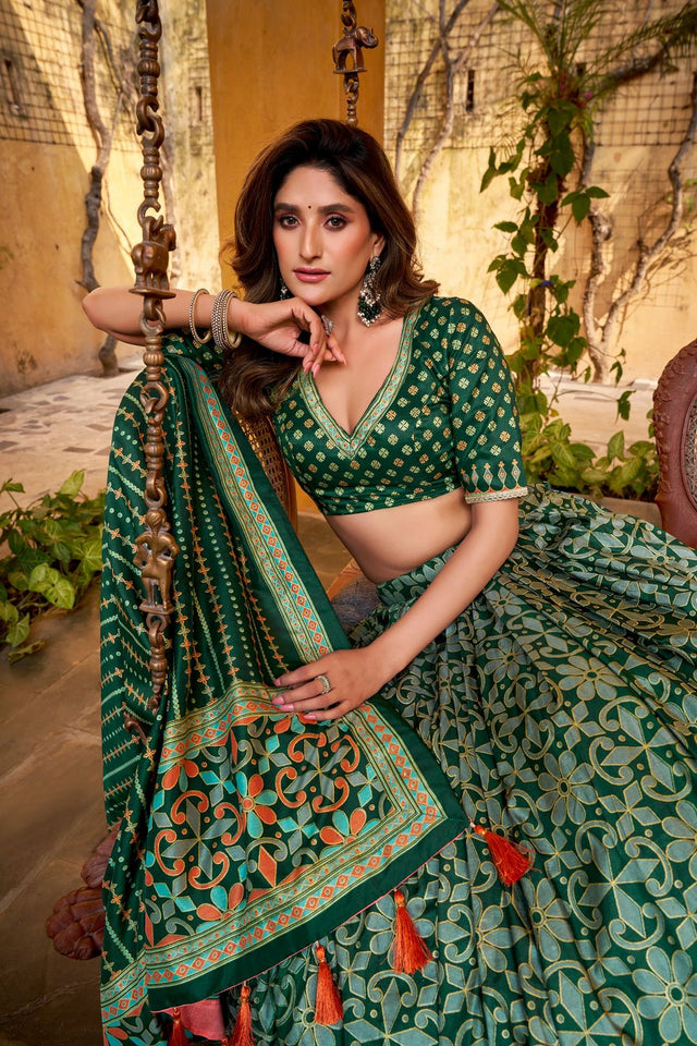 Green Floral Printed Silk Lehenga (ACA7681)