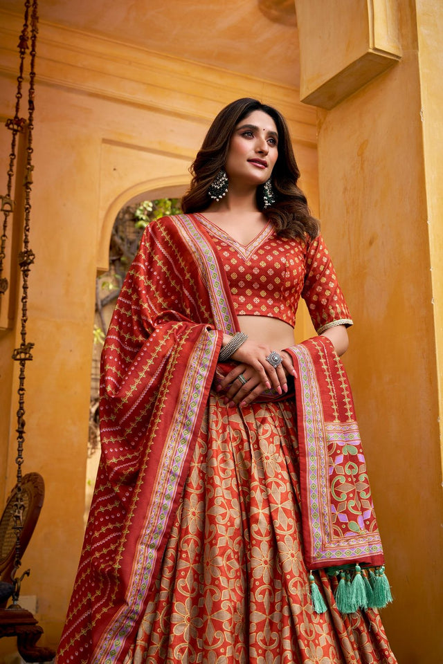 Orange Floral Printed Silk Lehenga (ACA7683)