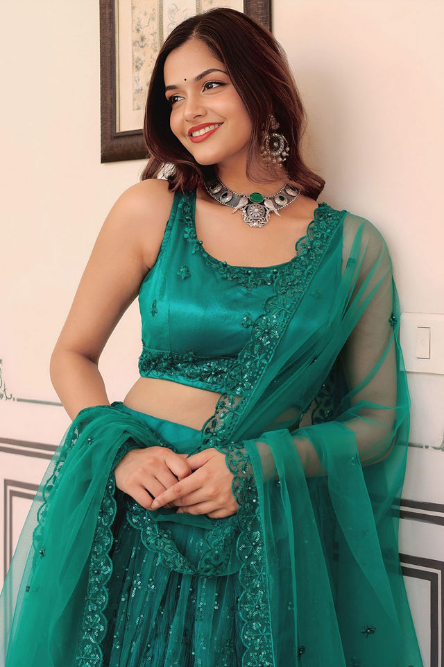 Green Sequin with Embroidered Net Lehenga (ACA7692)