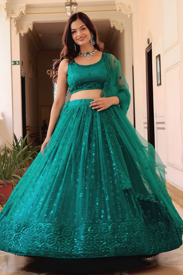 Green Sequin with Embroidered Net Lehenga (ACA7692)