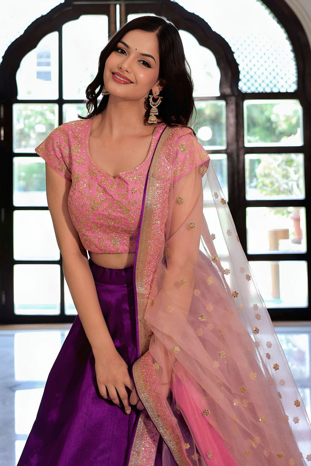 Violet Floral Embroidered Silk Lehenga (ACA7694)