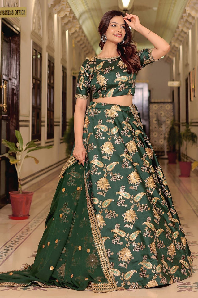 Dark Green Sequin with Embroidered Art Silk Lehenga (ACA7695)