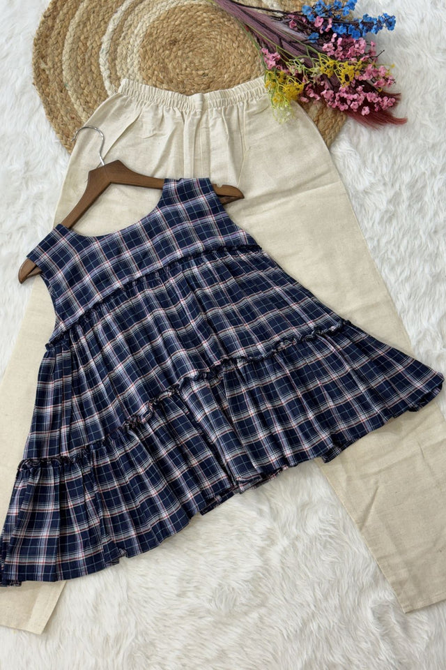 Blue Checkered Design Linen Top & Bottom Set (ACA7707)