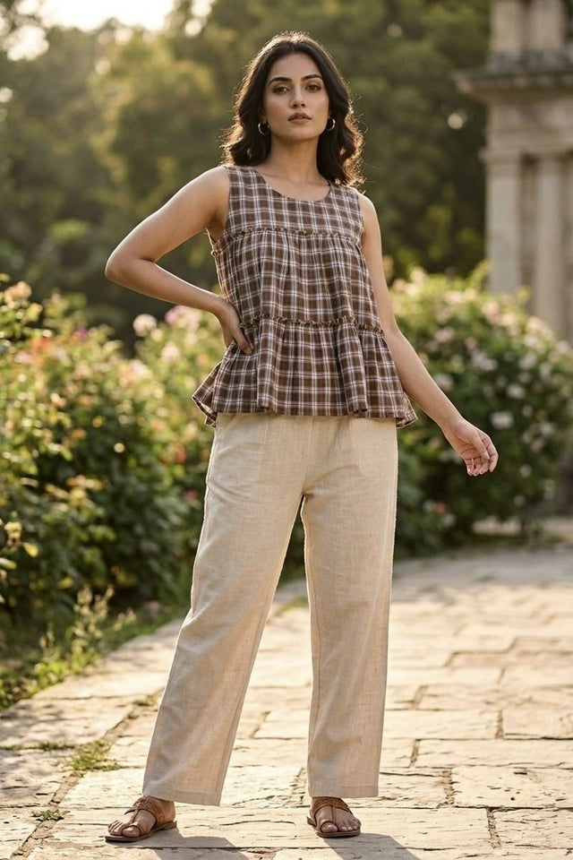 Brown Checkered Design Linen Top & Bottom Set (ACA7708)