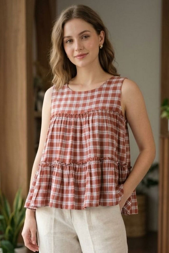 Maroon Checkered Design Linen Top & Bottom Set (ACA7709)
