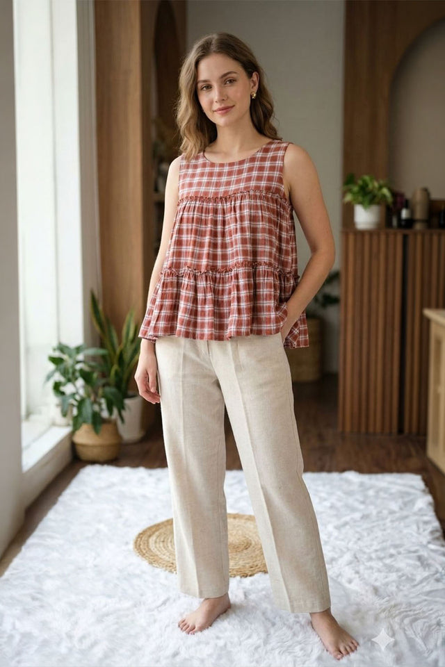 Maroon Checkered Design Linen Top & Bottom Set (ACA7709)
