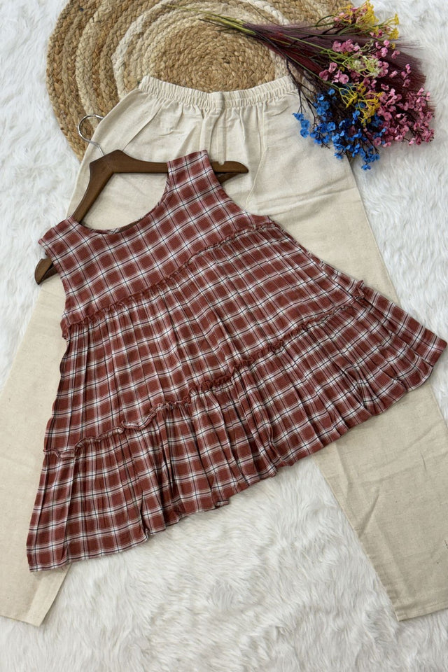 Maroon Checkered Design Linen Top & Bottom Set (ACA7709)