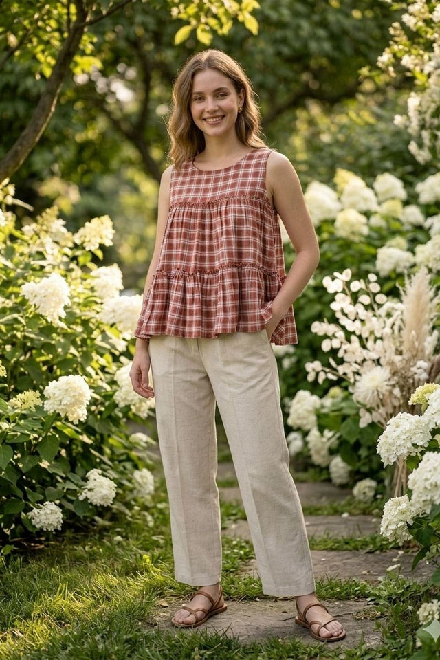Maroon Checkered Design Linen Top & Bottom Set (ACA7709)
