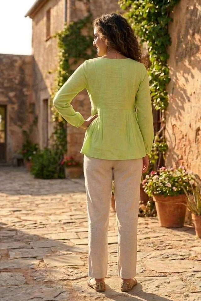 Dark Green Solid Linen Top & Bottom Set (ACA7710)