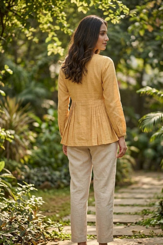 Yellow Solid Linen Top & Bottom Set (ACA7712)