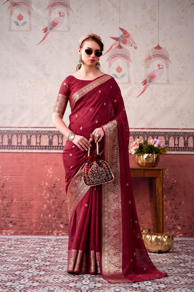 Maroon Woven Chinon Saree (ACA7715)