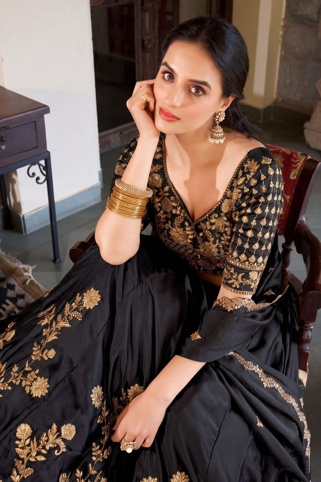 Black Floral Embroidered Silk Lehenga (ACA7739)