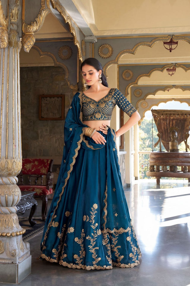 Turquoise Floral Embroidered Silk Lehenga (ACA7740)