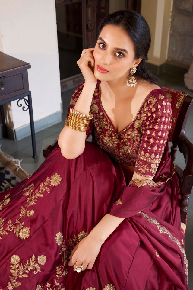 Maroon Floral Embroidered Silk Lehenga (ACA7741)