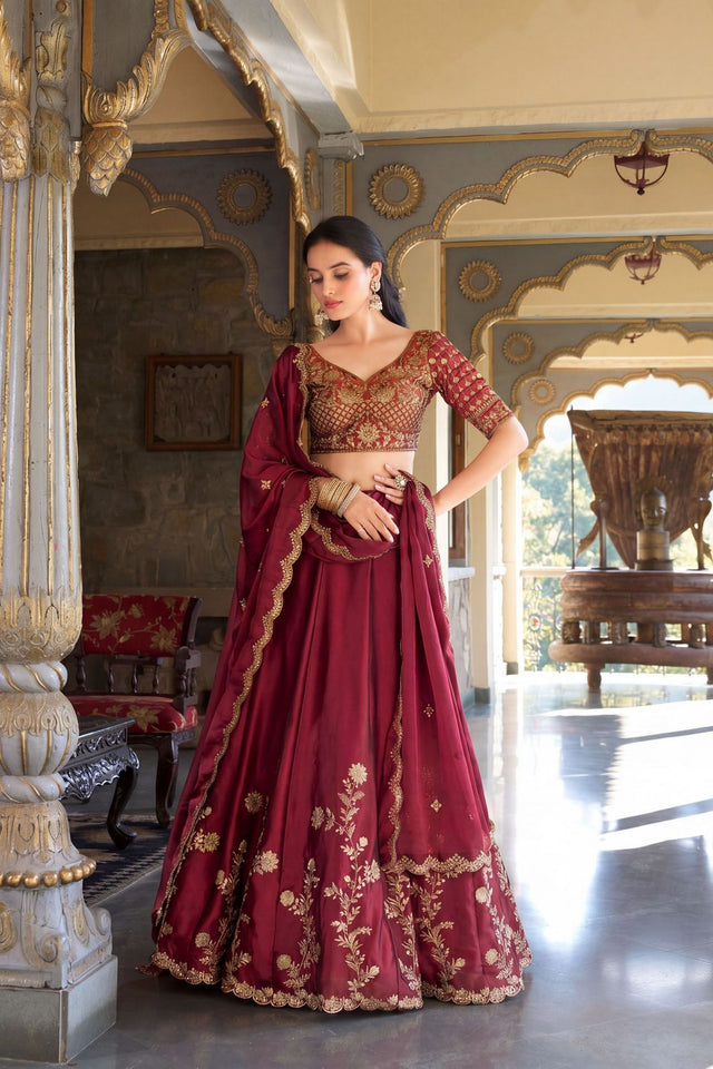 Maroon Floral Embroidered Silk Lehenga (ACA7741)