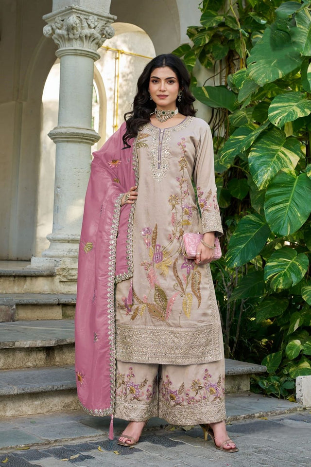 Mauve Sequin with Embroidered Shimmer Palazzo Suit (ACA7743)