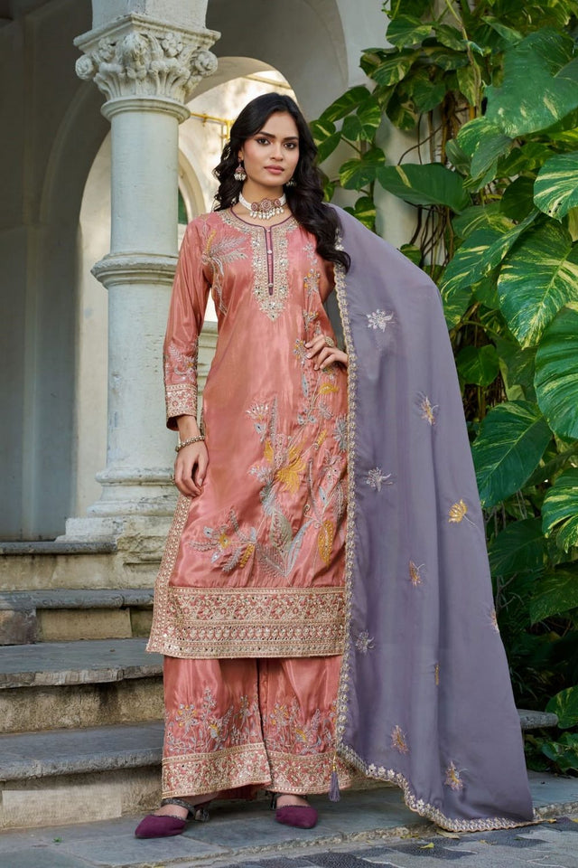 Orange Sequin with Embroidered Shimmer Palazzo Suit (ACA7744)