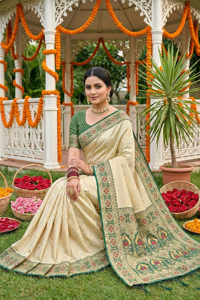 Cream Woven Soft Silk Saree (ACA7753)