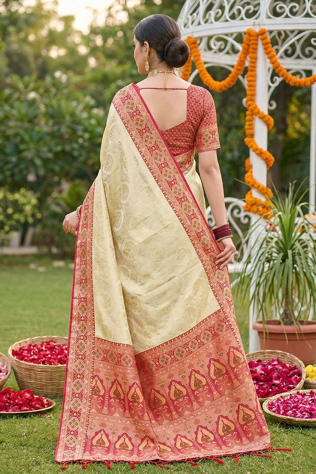 Cream Woven Soft Silk Saree (ACA7754)