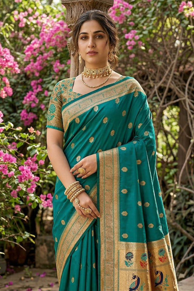 Turquoise Woven Soft Silk Saree (ACA7757)