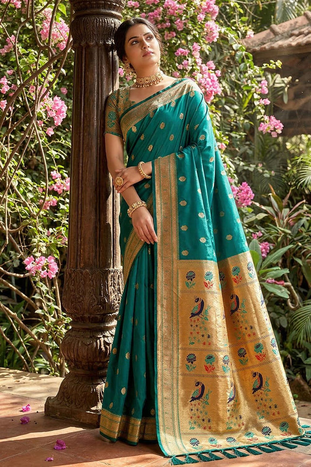 Turquoise Woven Soft Silk Saree (ACA7757)
