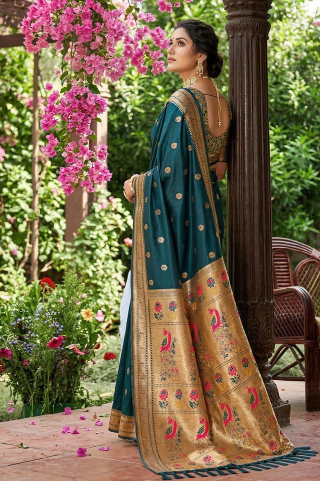 Turquoise Woven Soft Silk Saree (ACA7763)
