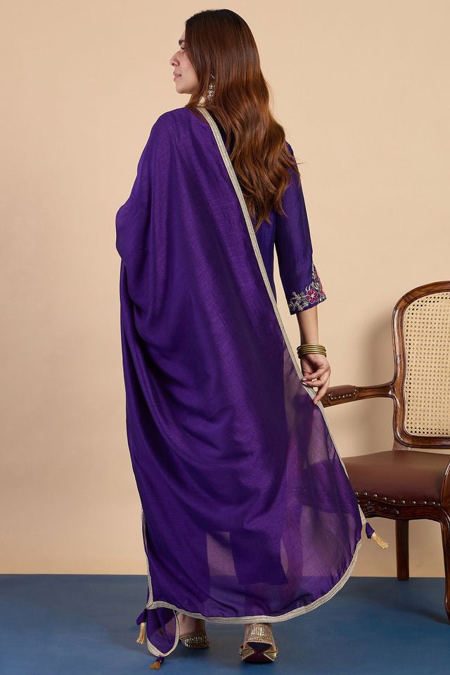 Purple Embroidered Silk Blend Straight Cut Suits (ACA7765)