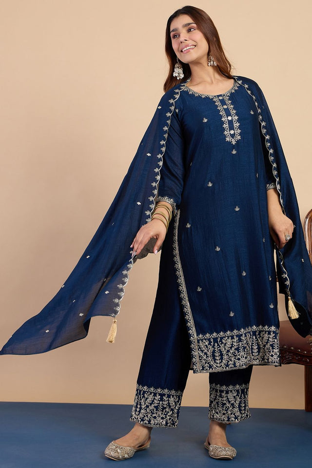 Turquoise Embroidered Silk Blend Straight Cut Suits (ACA7767)