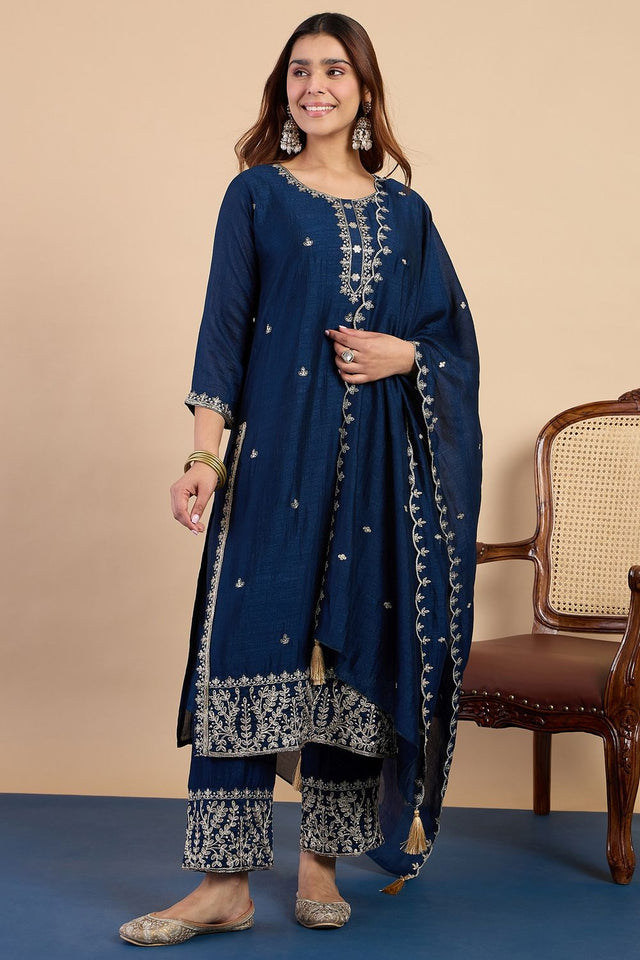 Turquoise Embroidered Silk Blend Straight Cut Suits (ACA7767)