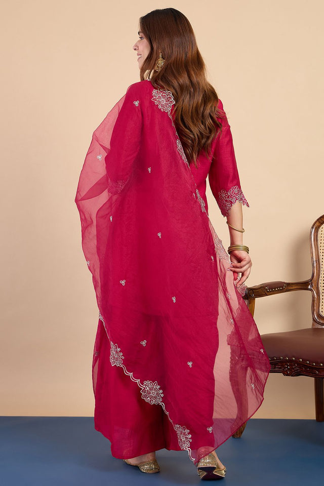 Pink Floral Embroidered Silk Blend Straight Cut Suits (ACA7768)