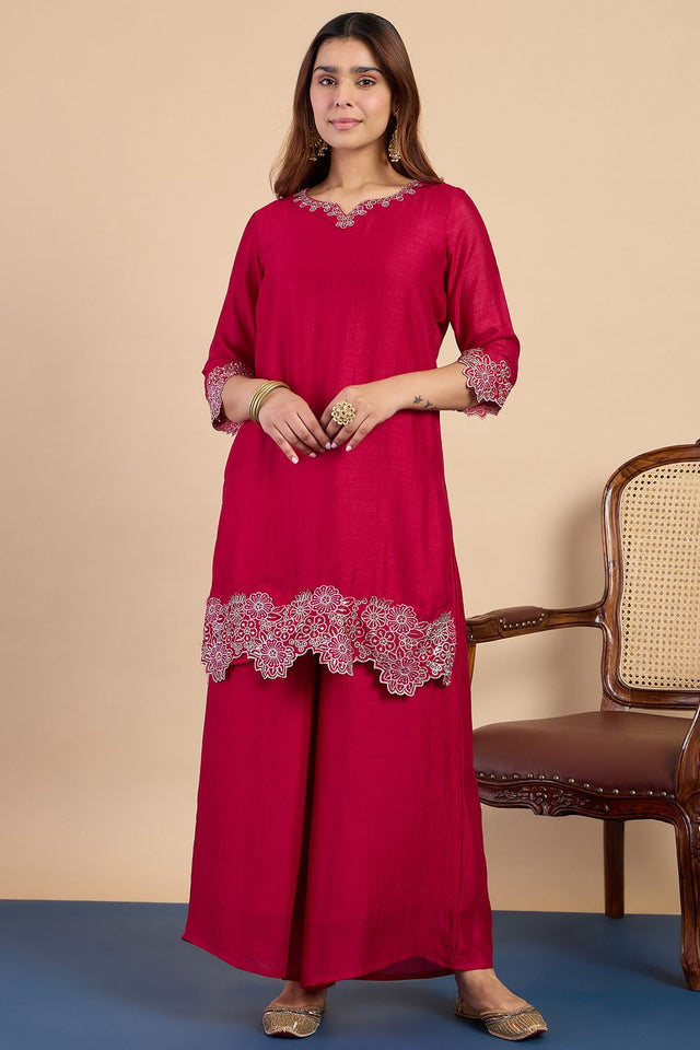 Pink Floral Embroidered Silk Blend Straight Cut Suits (ACA7768)