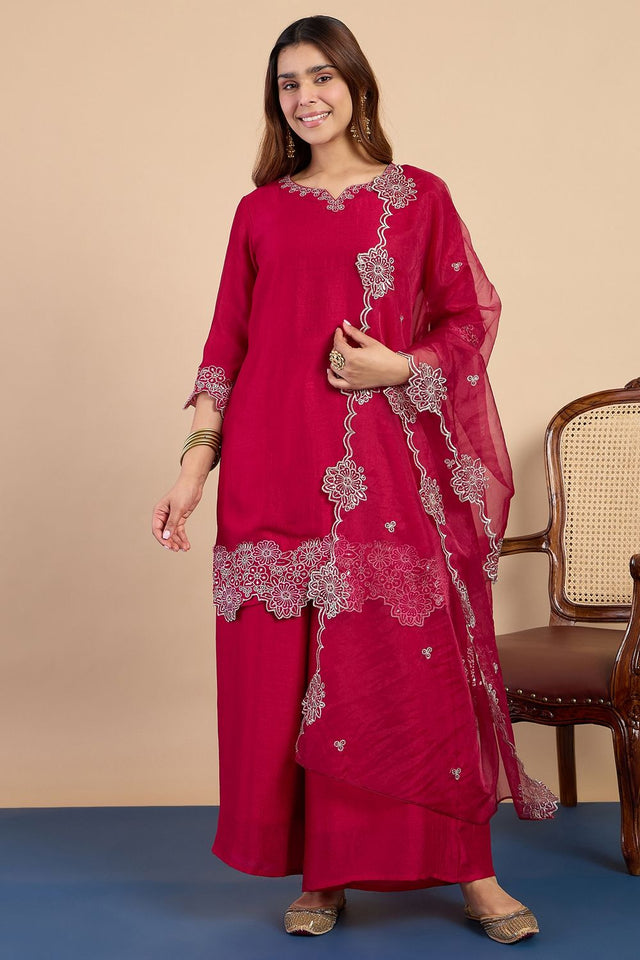Pink Floral Embroidered Silk Blend Straight Cut Suits (ACA7768)