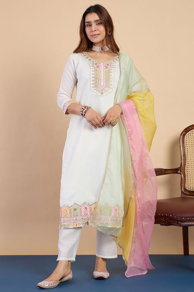 Off White Sequin With Embroidered Silk Blend Straight Cut Suits (ACA7769)