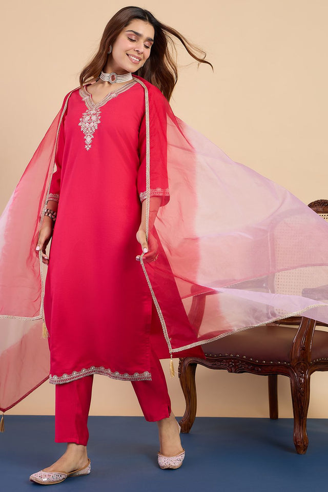 Pink Embroidered Silk Blend Straight Cut Suits (ACA7770)