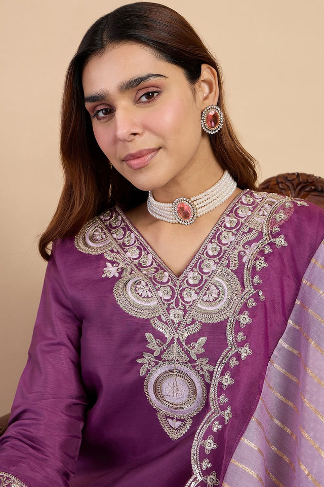 Violet Embroidered Silk Blend Straight Cut Suits (ACA7772)