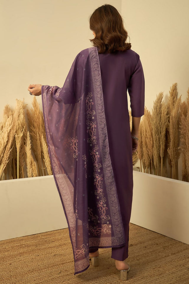 Lavender Embroidered Silk Straight Cut Suits (ACA7774)