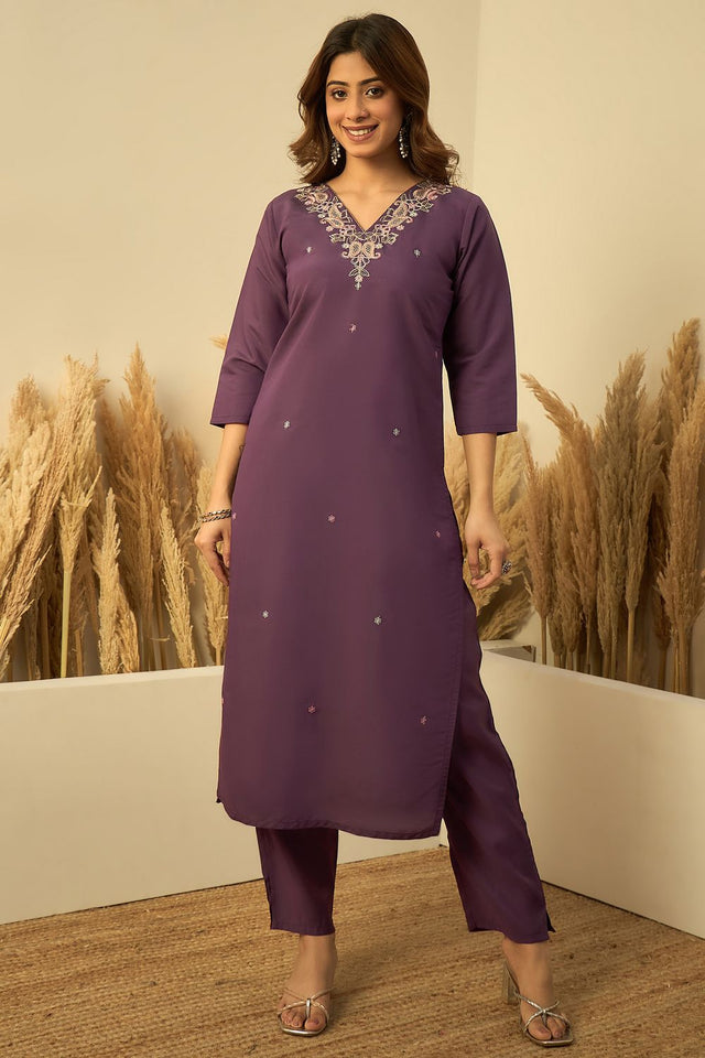 Lavender Embroidered Silk Straight Cut Suits (ACA7774)