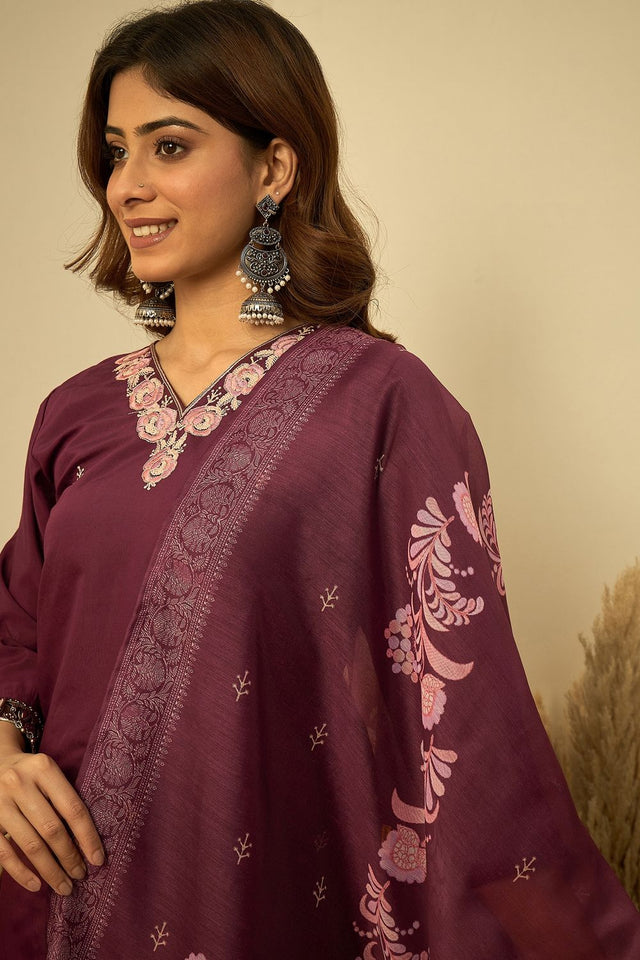 Wine Embroidered Silk Straight Cut Suits (ACA7776)