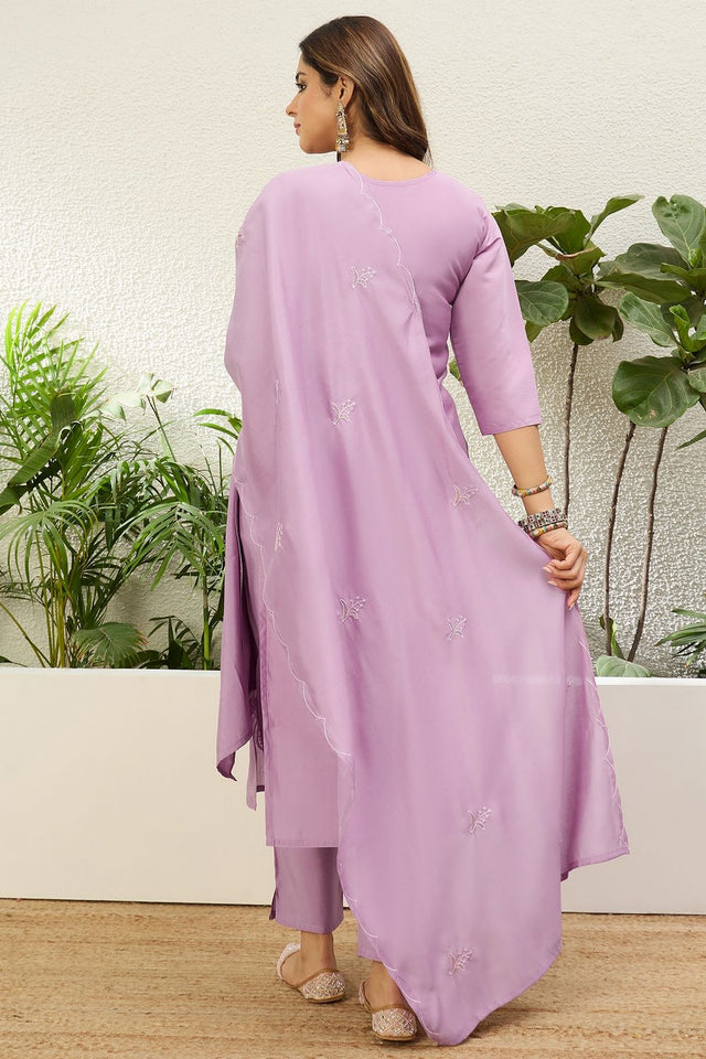 Lavender Embroidered Silk Straight Cut Suits (ACA7779)