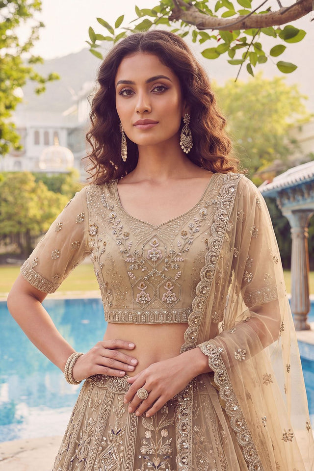 Beige Sequin with Embroidered Net Lehenga (ACA7780)